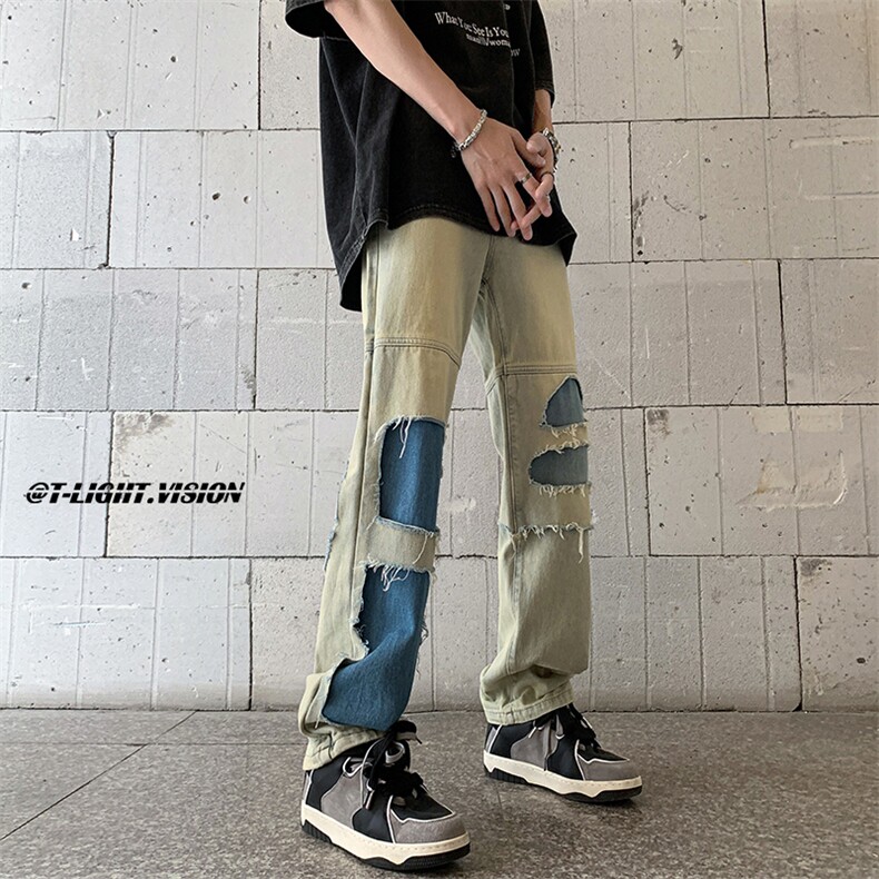B221美式ins高街暗黑小众撞色破洞直筒牛仔裤LK23109-P65控88,男装牛仔裤,电商B221