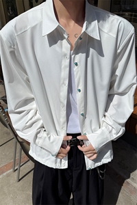 绿松石白色垫肩衬衫男款夏设计感高级感廓形冰丝衬衣cleanfit外套图片