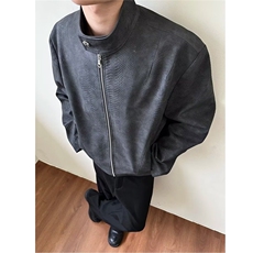 设计感拉链皮衣外套男美式复古街头潮牌宽松翻领短款夹克春秋，男装皮衣，星座601-1