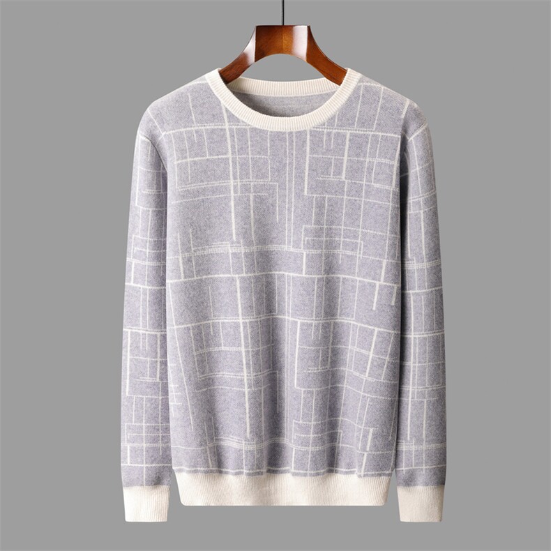 2025秋冬百搭时尚简约撞色提花线条格纹针织衫，男装羊绒套衫，盛欣羊绒