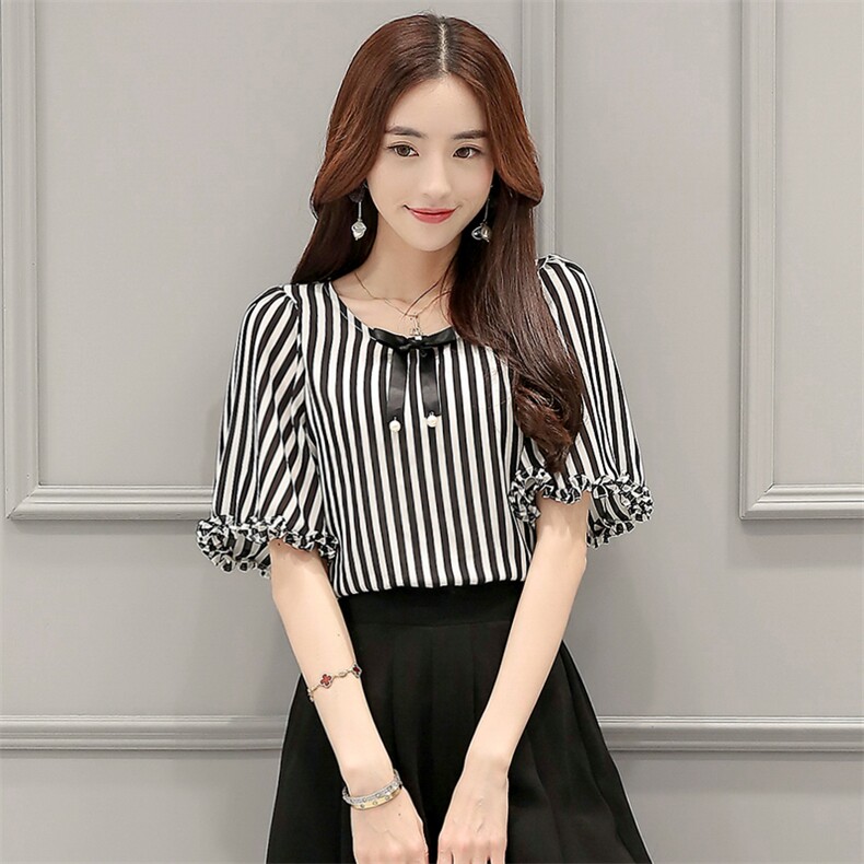 夏季女装V领短袖条纹显瘦气质百搭雪纺衫,女装蕾丝衫/雪纺衫,众宇琦