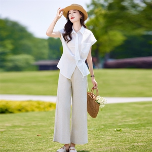 时尚休闲套装女夏季薄款2025新款高级感减龄短袖衬衫阔腿裤两件套图片