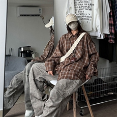 衬衣男秋季新款港风宽松大码磨毛格子长袖衬衫CS530-P38，男装衬衫，星座214-3