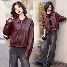 流行风格翻领皮衣外套女2025春季复古高级感宽松百搭气质机车夹克，女装皮衣，沁沁公主