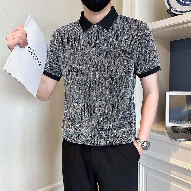 店主风社会小伙男士亮面烫砖翻领POLO衫潮流T恤301A-1/PL111/P53,男装T恤,星座301A-1