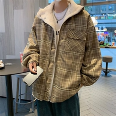 两面穿羊羔毛外套男冬季棉衣格子翻领加绒加厚帅气棉服MY38P80，男装棉衣，星座410-2