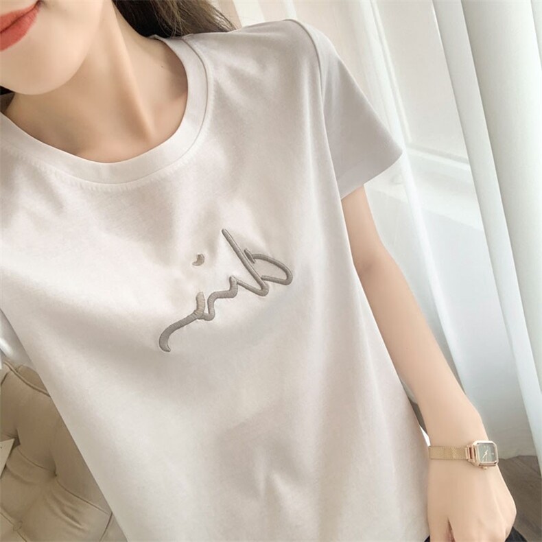丝光棉烫钻烫画刺绣短袖t恤女夏季新款韩版宽松显瘦百搭圆领上衣,女装T恤,元素羊绒