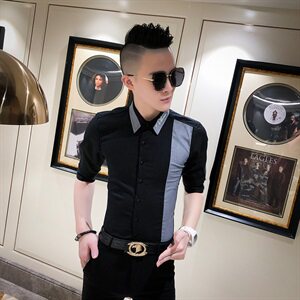 2021夏男衬衫英伦男中袖上衣韩版修身拼接男花衬衫A068-D824-P55图片