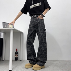高街vibe迷彩弯刀牛仔裤显瘦垂感美式新款宽松直筒阔腿裤HG87P42，男装牛仔裤，星座1013-1