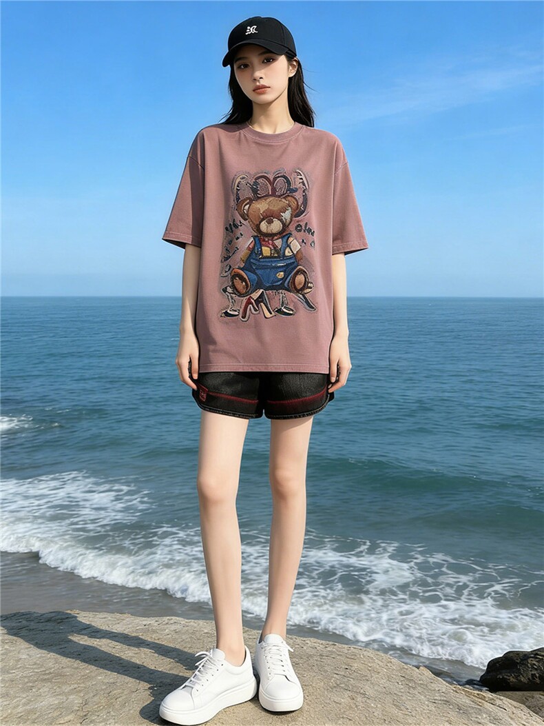 欧货休闲时尚运动套装女夏新款圆领短袖小熊上衣宽松短裤两件套潮,女装套装/套裙,江南
