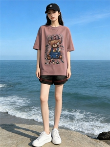 欧货休闲时尚运动套装女夏新款圆领短袖小熊上衣宽松短裤两件套潮图片