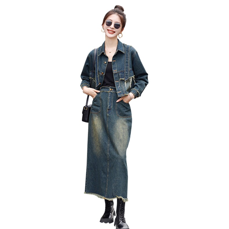 时髦流行牛仔裙两件套裙装2025春新款欧货女复古高端减龄气质长裙,女装套装/套裙,秋水欣儿