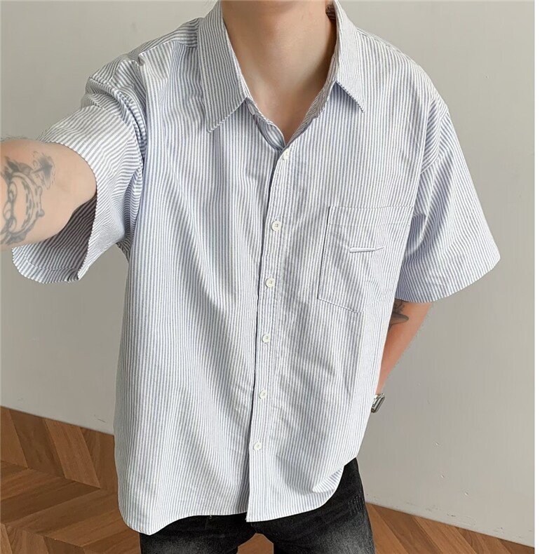 男基础通勤少年感蓝条纹牛津纺翻领衬衫工装夏休闲衬衣LS220P33,男装衬衫,星座1013-5