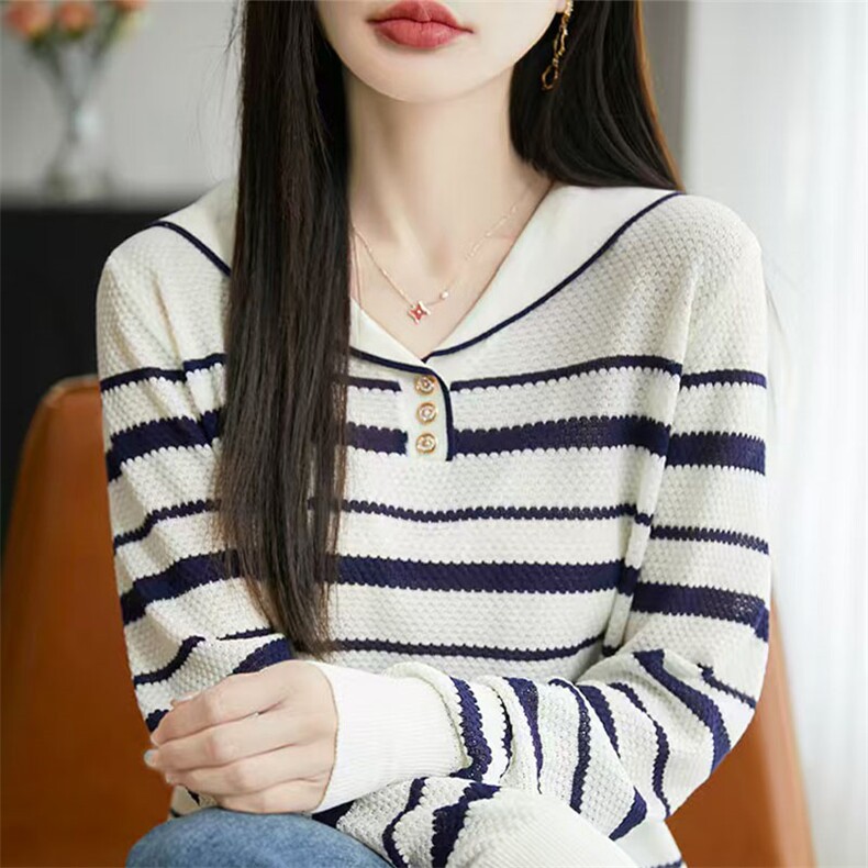 菠萝针时尚百搭条纹拼色海军领长袖针织衫女宽松慵懒可外穿上衣图片
