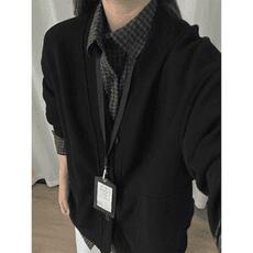黑色华夫格开衫卫衣男韩系穿搭高级感痞帅cleanfit慵懒风v领外套，男装夹克，星座506A