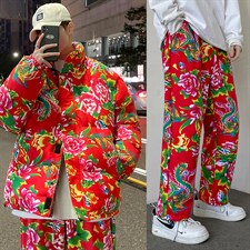 东北情侣套装潮ins花棉衣外套牡丹花裤子棉服套装网红冬装H203图片