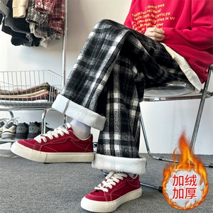 加绒加厚冬男裤松紧腰毛呢条纹格子长裤h922 P45加绒P50图片