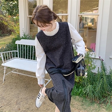 高级感马甲背心花边领泡泡袖衬衫三件套女春季高腰韩系大摆裙套装，女装套装/套裙，维壹