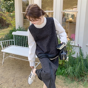 高级感马甲背心花边领泡泡袖衬衫三件套女春季高腰韩系大摆裙套装图片