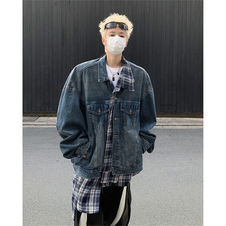 得物二开设计感格子不规则拼接假两件牛仔外套男夹克JK1279-P65,男装工装外套,星座1103-3