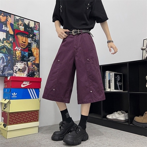 铆钉七分工装裤男女款夏季设计感阔腿裤休闲中裤DK110-P55图片