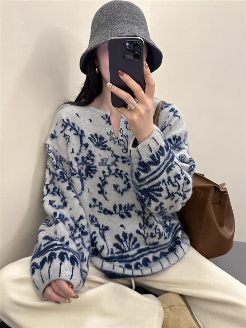 2025年秋季常规单件长袖剪刀V领提花撞色套头上衣，女装针织衫/毛衣，北娇羊绒
