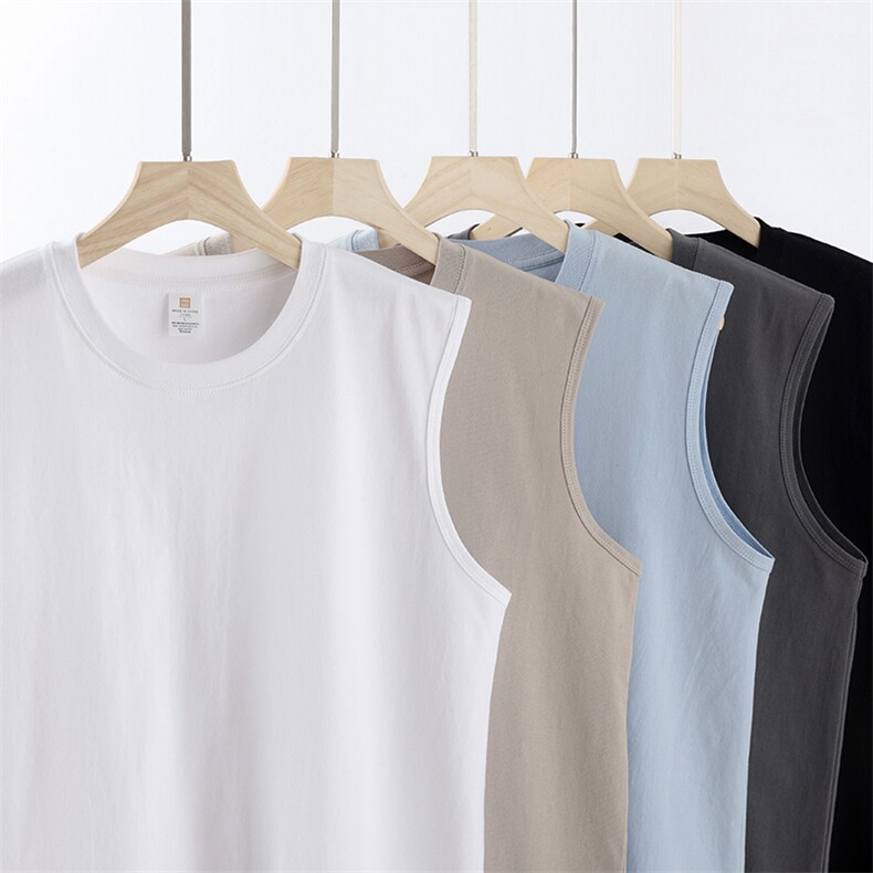 升级版冰感爽滑纯棉240克抖音得物二开宽松纯色坎肩无袖T恤背心，男装背心/马甲，电商A486