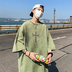 B239-1160-P38欧美式十字架印花复古水洗做旧半袖重磅短袖T恤，男装T恤，星座514-2(原B239)