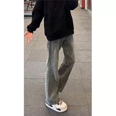 美式高街解构微喇牛仔裤男春秋潮牌痞帅直筒长裤1008-WLD8000-P45，男装牛仔裤，星座1008