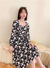 收腰碎花不规则裙摆中淑显瘦中长款韩版时尚连衣裙，女装连衣裙，荷塘月色