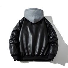 现货三条杠袖子PU皮棒球服外套秋冬棉服带帽可拆卸，男装棉衣，电商A105