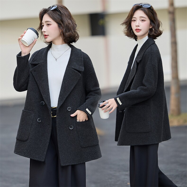 韩版西装领毛呢大衣女中长款双排扣高端气质外套秋冬,女装双面呢大衣,蝶眷