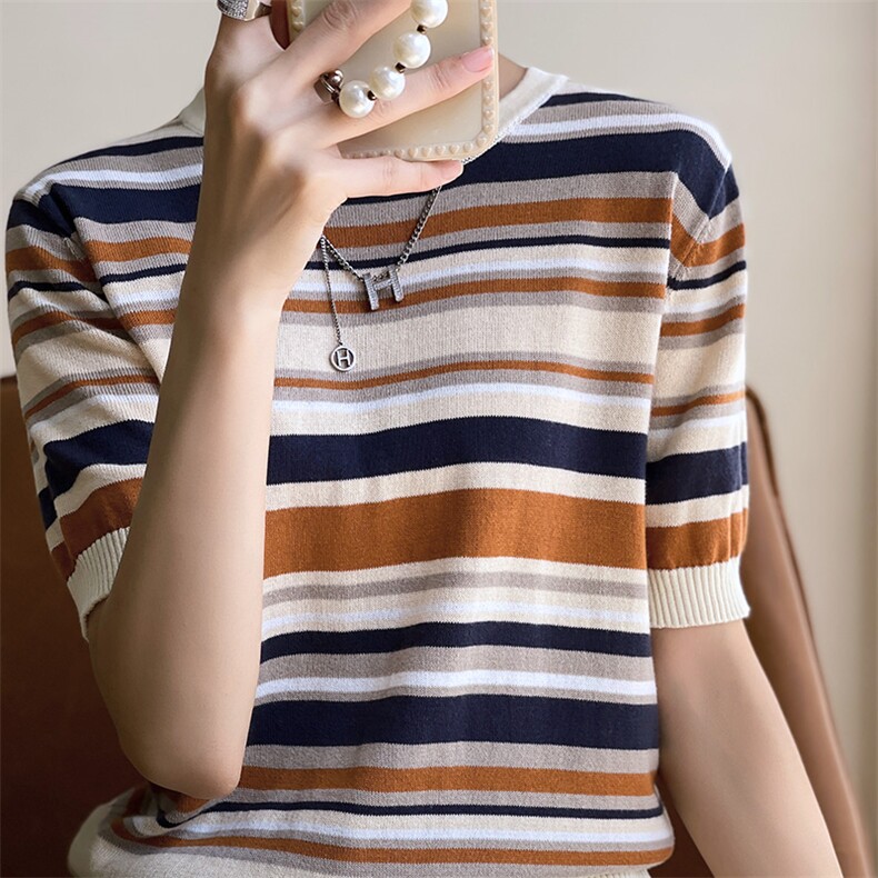 薄款100%纯棉针织短袖T恤女圆领条纹拼色宽松休闲棉麻内搭打底衫图片