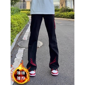 斜杠三条纹红黑撞色拼接休闲长裤加绒加厚直筒牛仔裤K8003P48网图,吊带黑丝袜日常搭配图片