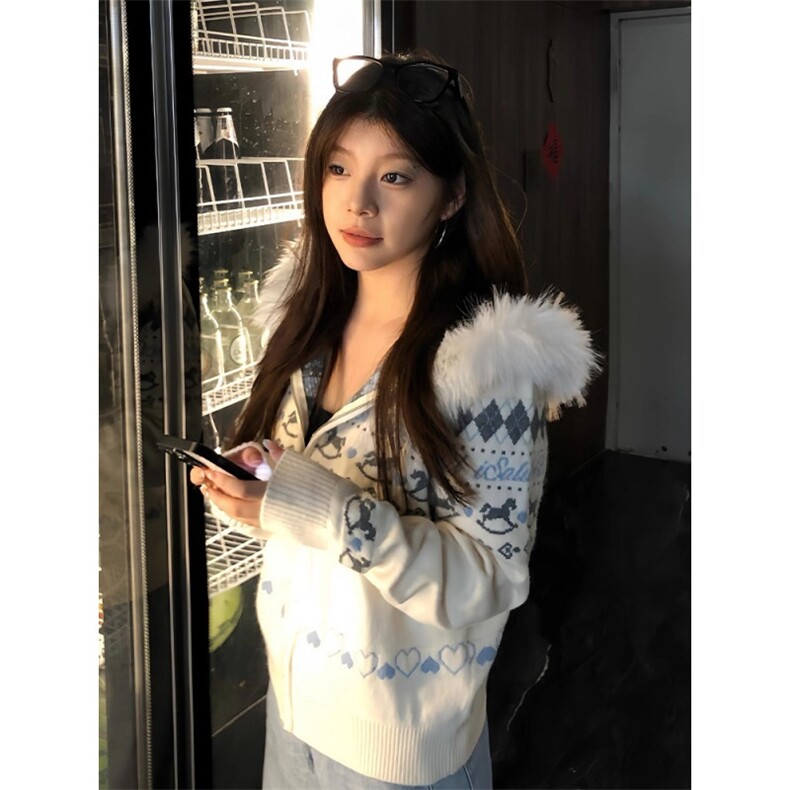 MY9242-P63费尔岛白色毛领连帽毛衣外套男女秋冬新款慵懒风,男装针织衫/毛衣,电商B323A
