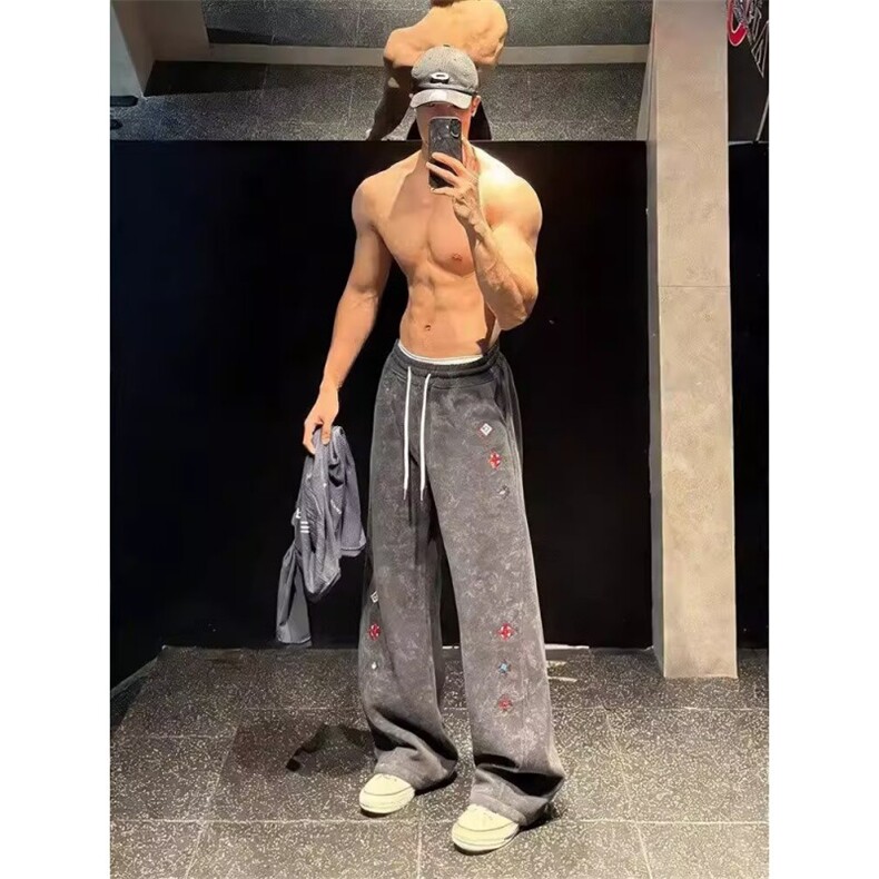 潮牌拼接扎染加绒卫裤男冬季美式设计感百搭弯刀裤重磅运动休闲裤图片