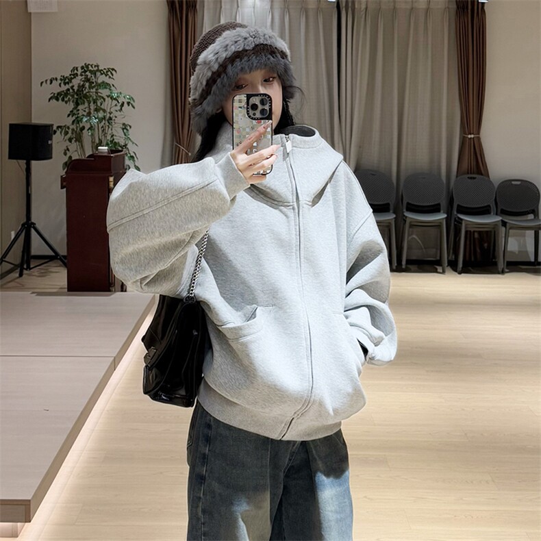 抖音得物高品质 26春装美式高街重磅宽松结构高领连帽卫衣外套W60图片