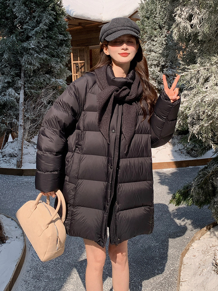 现货主推90加厚白鸭绒2025新款冬装泡芙轻便中长款羽绒服女,女装羽绒服,时尚风爆