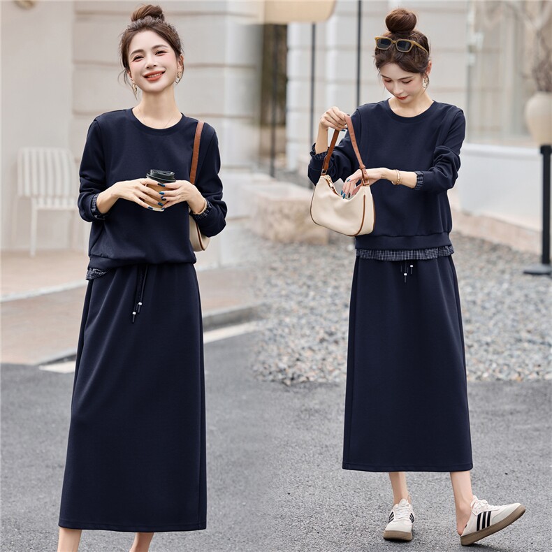 2026年春季两件套格子拼接长袖宽松显瘦半身裙两件套装，女装套装/套裙，简韵佳