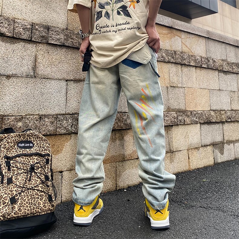 可拆卸口袋挂链黄泥泼墨水洗高街男女直筒牛仔裤A068-KXSK92-TP58,男装牛仔裤,电商A068