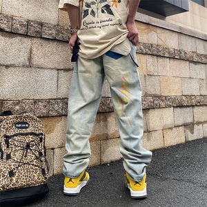可拆卸口袋挂链黄泥泼墨水洗高街男女直筒牛仔裤A068-KXSK92-TP58图片