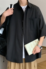 C6042/P35夏款2023新款港风冰丝克莱因蓝衬衣男开衩短袖衬衫控58，男装衬衫，电商A141