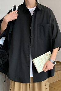 C6042/P35夏款2023新款港风冰丝克莱因蓝衬衣男开衩短袖衬衫控58图片