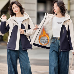 时尚拼色加棉加厚派克服外套女2025秋冬新款宽松保暖百搭连帽外套图片