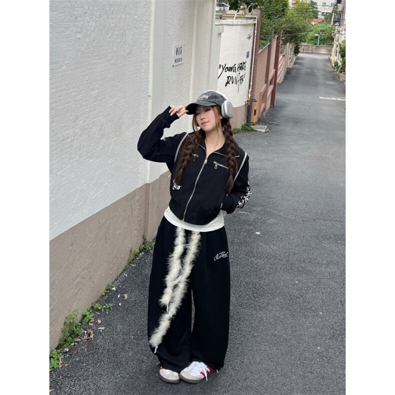 77lin美式复古毛绒腰带弯刀休闲裤男女秋季宽松香蕉阔腿拖地长裤,男装休闲裤,星座506A