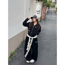 77lin美式复古毛绒腰带弯刀休闲裤男女秋季宽松香蕉阔腿拖地长裤，男装休闲裤，星座506A