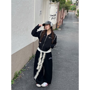 77lin 美式复古毛绒腰带弯刀休闲裤男女秋季宽松香蕉阔腿拖地长裤图片