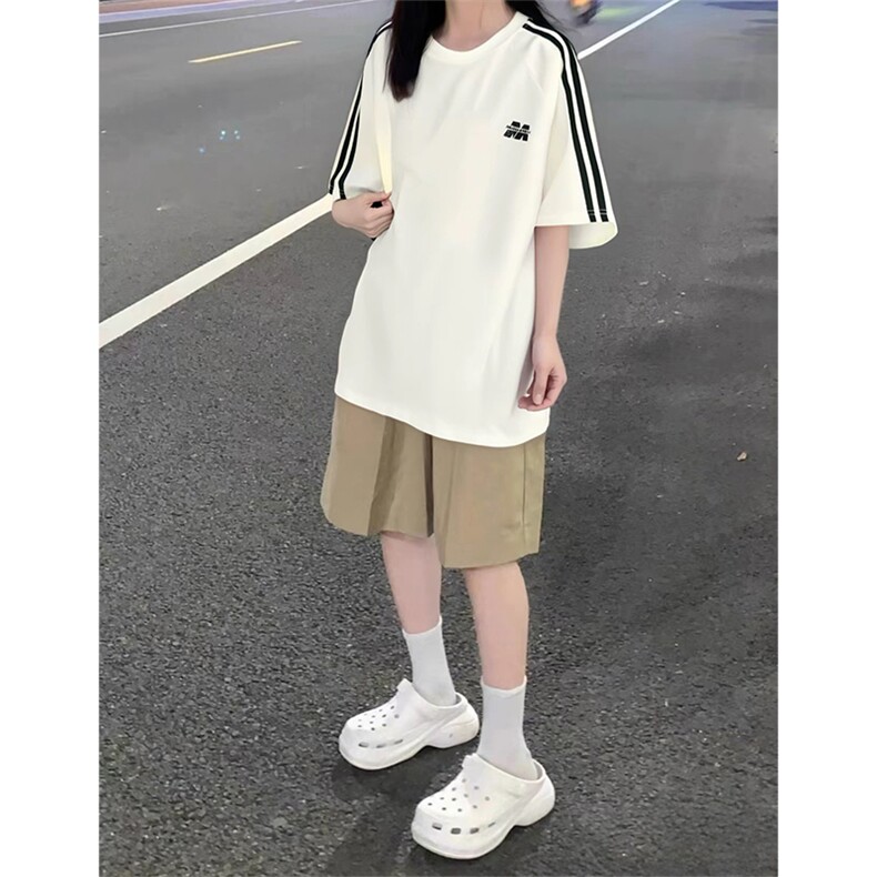 抖音得物供货240克宽松纯棉美式潮牌印花三杠全带短袖T恤AT1403,男装T恤,电商A443