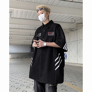 2024新款美式复古拼接衬衫男设计感宽松短袖衬衣现货 W8208-P35图片