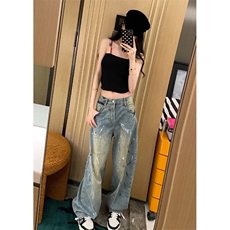 直筒泼墨牛仔裤女春秋设计感小众高腰显瘦宽松阔腿裤子潮NK1096，男装牛仔裤，星座1116A（原606A-3）